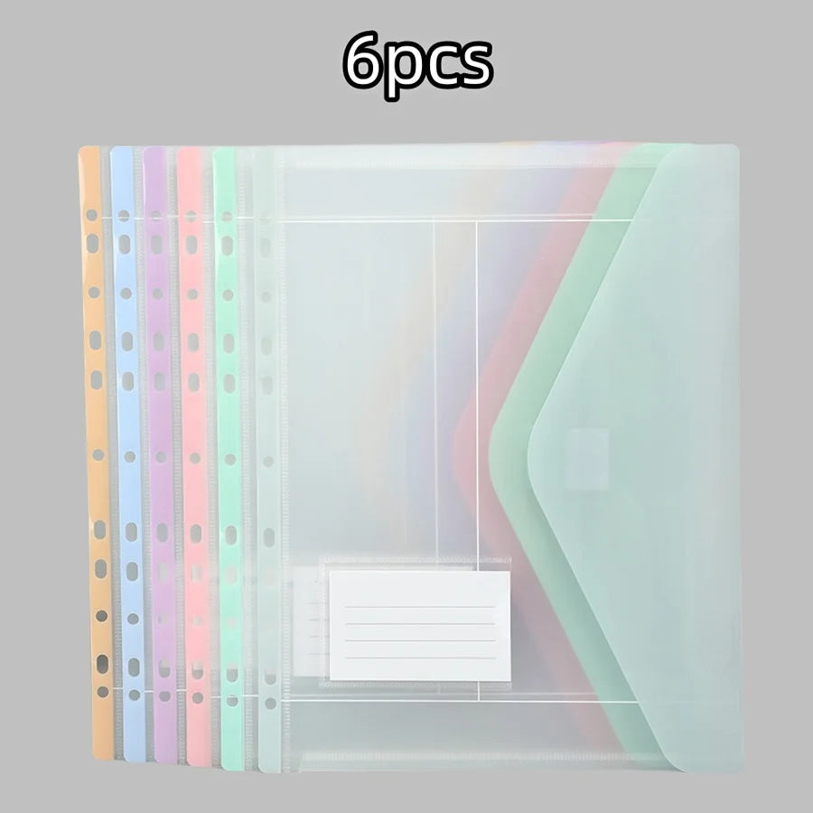 6pcs expandable A4 loose-leaf file bag, 11-hole side-opening folder, button pasted, suitable for 2/3/4 ring binde
